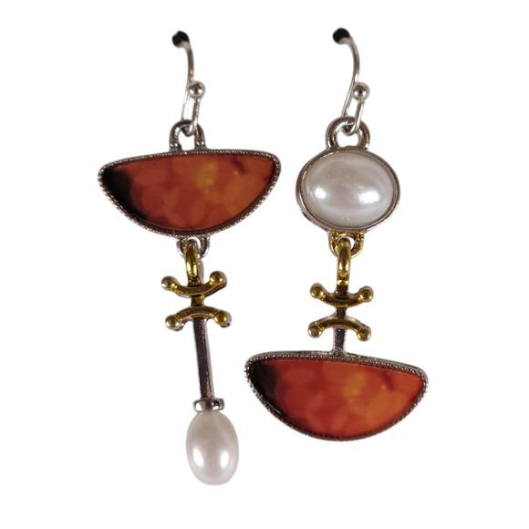 Abstract Drop Earrings Orange Half Moon Pearl Dangle Mixed Metal Boho Style - Picture 1 of 8